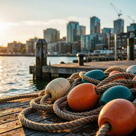 Fishing buoys on a pier in the harbor of Rotterdam