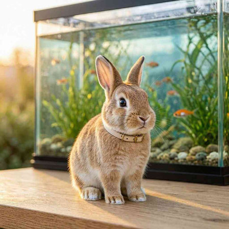 Cute rabbit in a glass aquarium on a wooden table in the garden.