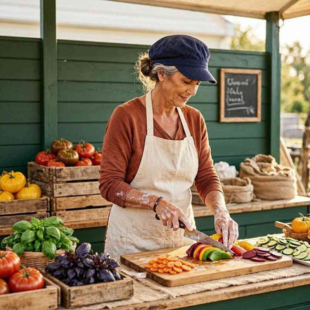 Senior woman cutting fresh vegetables on a wooden board at a farmers market