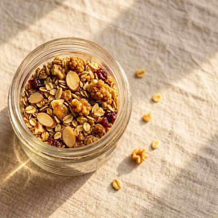 Homemade granola with nuts and raisins in a glass jar on a light background