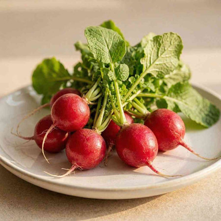 Bunch of fresh red radishes with green leaves on a plate