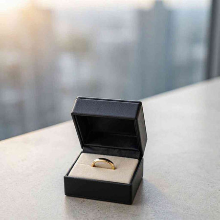 Wedding ring in a black box on the background of the window