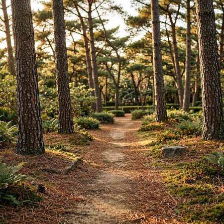 Path in the park with pine trees and ferns in the foreground
