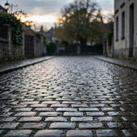 A low angle shot of a cobblestone road in the evening