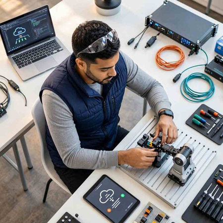 High angle view of young male engineer working on new 3D printer in office