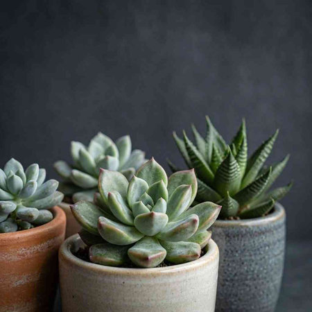 Succulent plants in ceramic pots on a dark background with copy space.