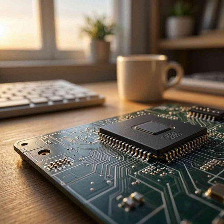 Circuit board and a cup of coffee on a wooden table.