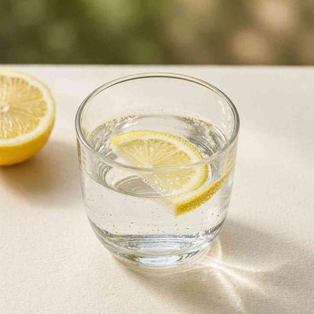 Glass of water with lemon on the table, close-up.