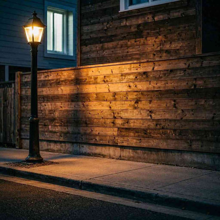 street lamp in the evening against the background of a wooden wall.