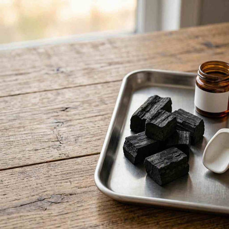 Charcoal in a glass jar on a metal tray on a wooden table