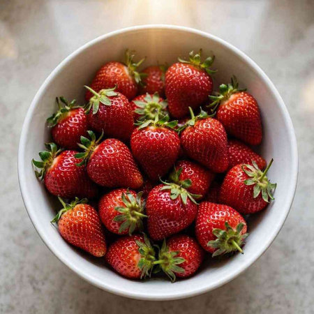 Strawberries in a white bowl on the table, top view