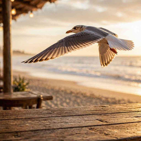 Seagull flying over the sea at sunset. The concept of freedom and unity with nature.