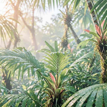 Tropical rainforest with ferns and palm trees.
