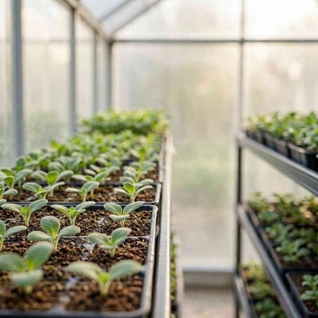 Seedlings of cucumbers in a greenhouse on a sunny day