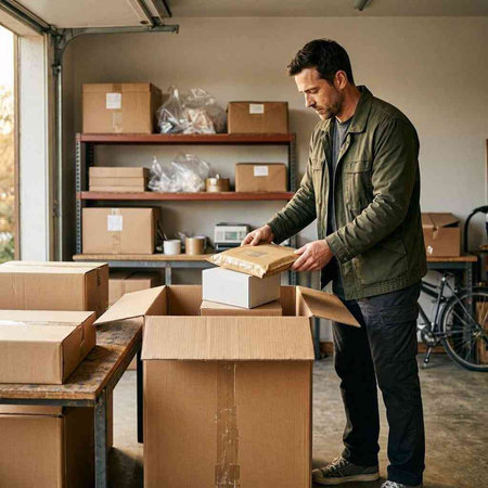 Courier unloading cardboard boxes in warehouse. Delivery service concept