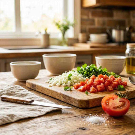 Preparing salad with tomato, onion and feta cheese on wooden cutting board
