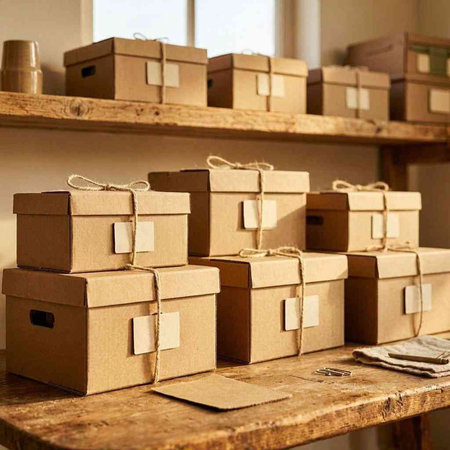 Carton boxes on the shelf in a warehouse. Delivery service concept.
