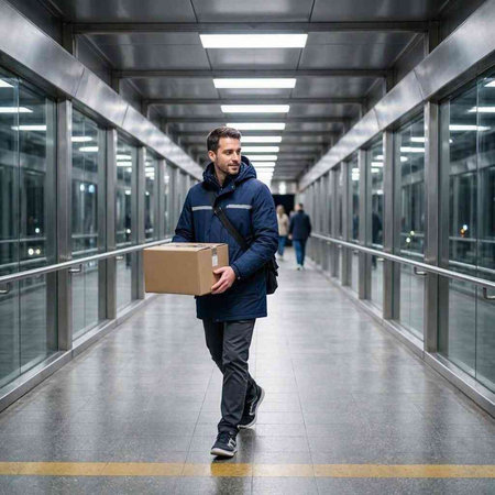 Delivery man in blue jacket with parcel in the corridor of the modern building.