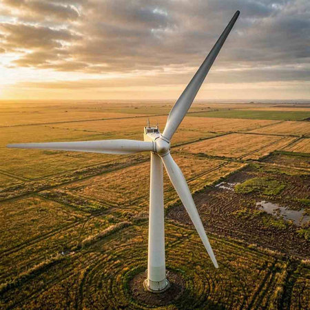 Aerial view of a wind turbine at sunset. Drone photography.