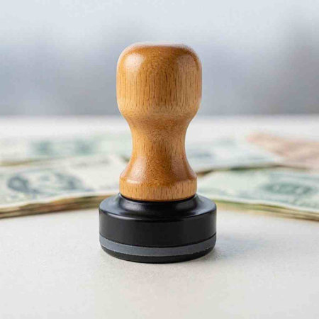 Wooden stamp on the background of dollars. The concept of financial fraud.