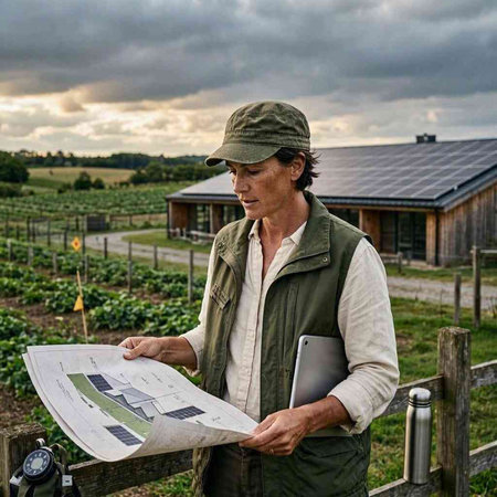 Farmer with a digital tablet in his hand looking at a farm map