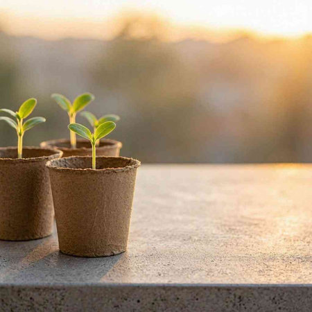 Plant seedlings in peat pots on the balcony at sunset