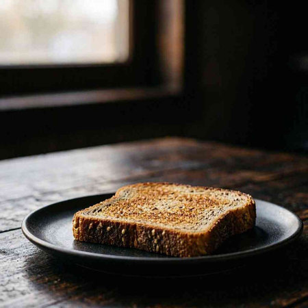 Slices of bread on a black plate on a wooden table
