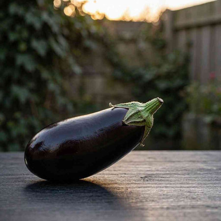 Eggplant on a wooden table in the garden at sunset.