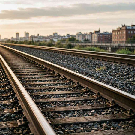 Railway tracks on the background of the city in the evening.