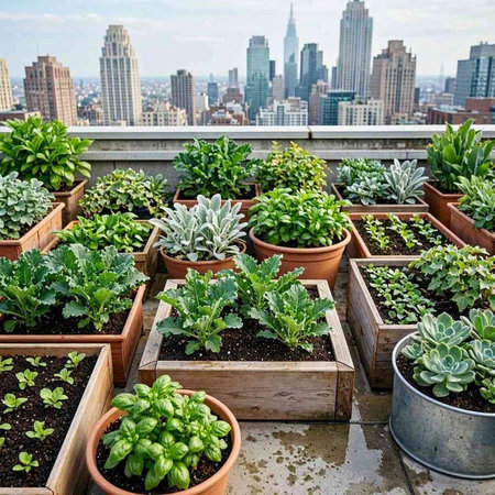 Variety of succulent plants in pots on the rooftop of a building.
