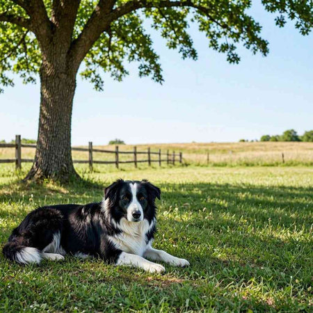 Border Collie lying on the grass with trees in the background.