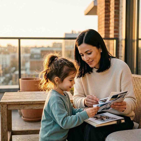 Mother and daughter reading magazine at home. Little girl and her mom looking at magazine.