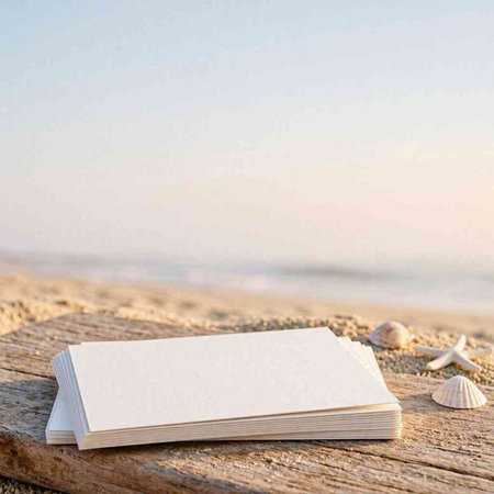 Blank business cards on the beach. Mockup for branding identity.