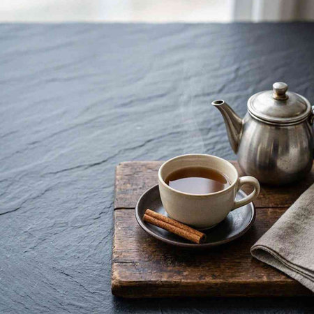 Cup of tea with cinnamon and a teapot on a wooden board