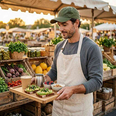 Portrait of a young man in apron holding a tray with fresh fruits and vegetables at the farmers market.