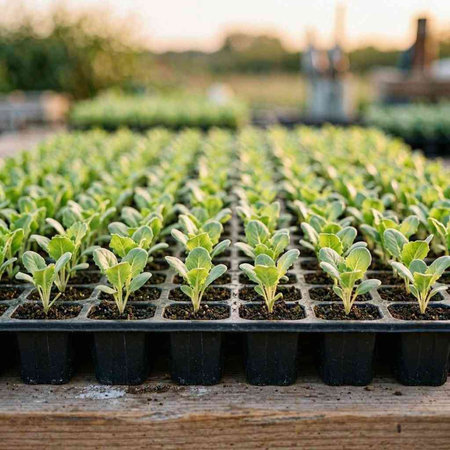 Seedlings of lettuce in a plastic tray on a wooden table