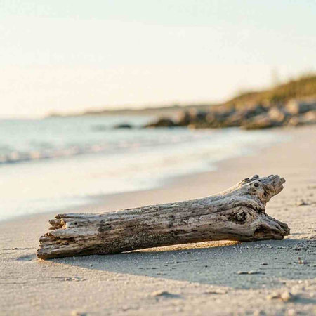 Wooden driftwood on a sandy beach at sunset. Copy space.