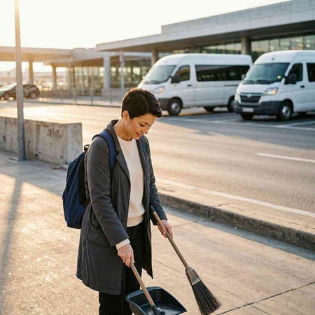 Asian man sweeping the street with a broom while waiting for the bus