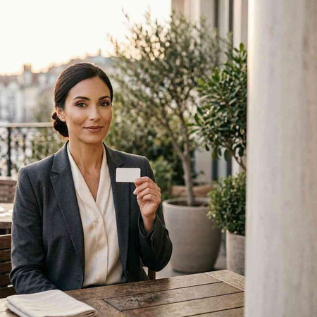 Businesswoman holding a blank business card while sitting in a cafe.