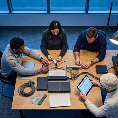 High angle view of a diverse group of people working on a computer in an office