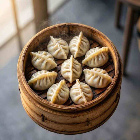 Chinese steamed dumplings in bamboo steamer, chinese cuisine