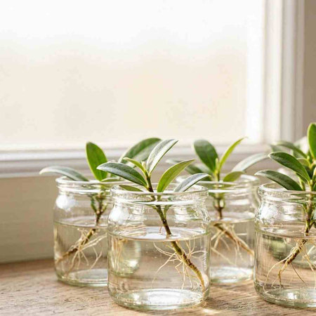 Young green plants in small glass jars with roots on windowsill.
