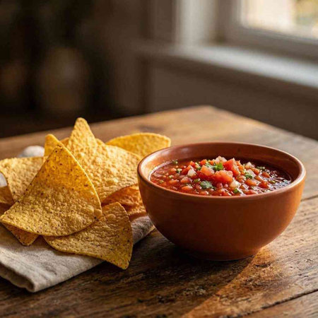 Mexican salsa with nachos on a rustic wooden table