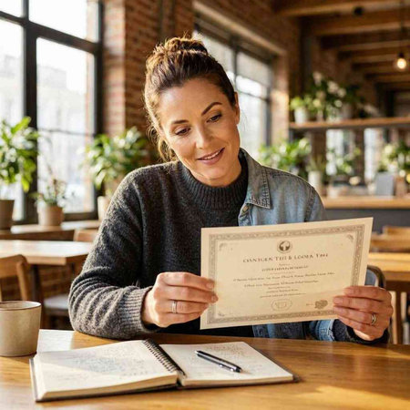 Mature woman holding a certificate in a coffee shop with copy space