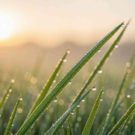 Morning dew on the blade of grass in the rays of the setting sun