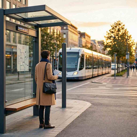 A young man in a coat is waiting at the bus stop.