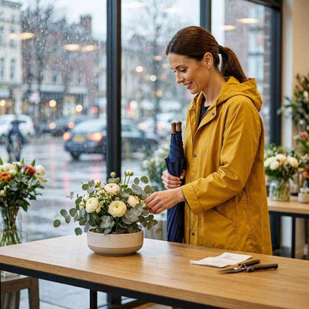 Female florist working in flower shop, making bouquet for customer.