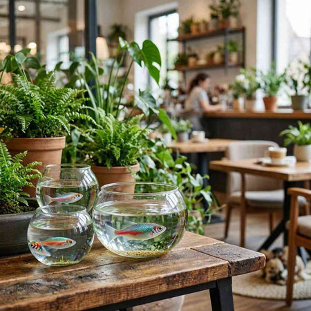 Two glass vases with small fish on a wooden table in a cafe