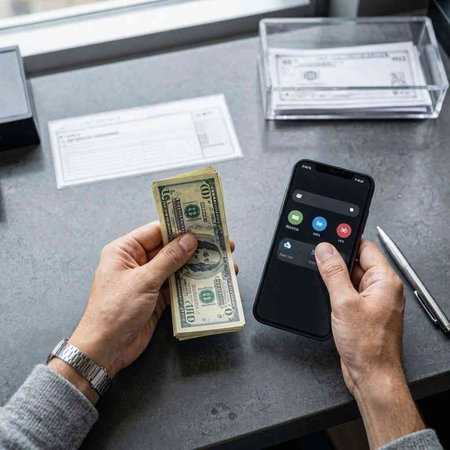 Man counting money and using mobile phone for online shopping. Online payment concept.