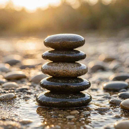 Stones stacked in the water at sunset. Zen zen concept